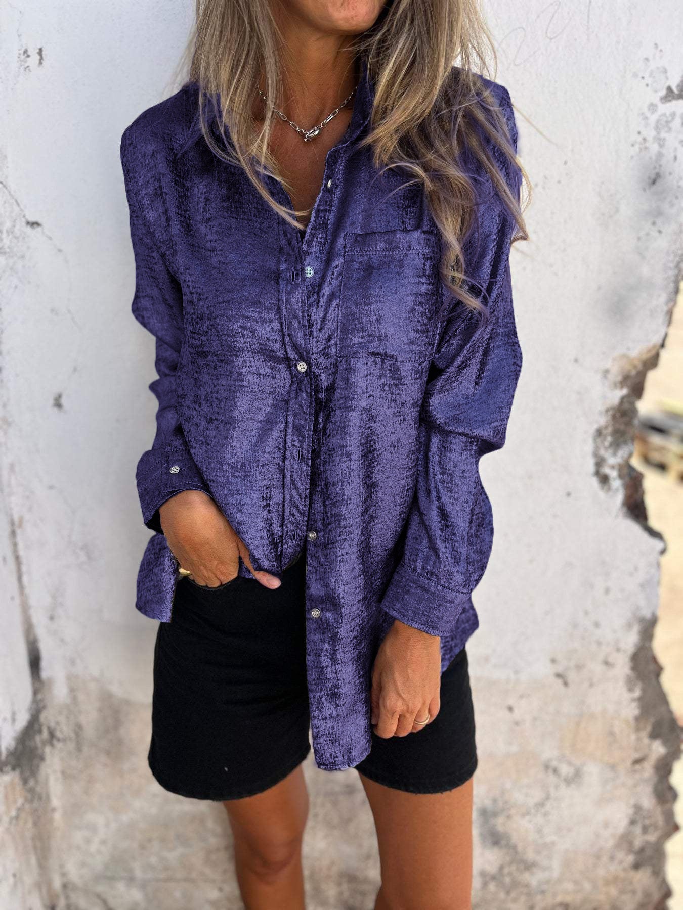 Bayline™ | Metallic Knoopjesshirt Met Lange Mouwen