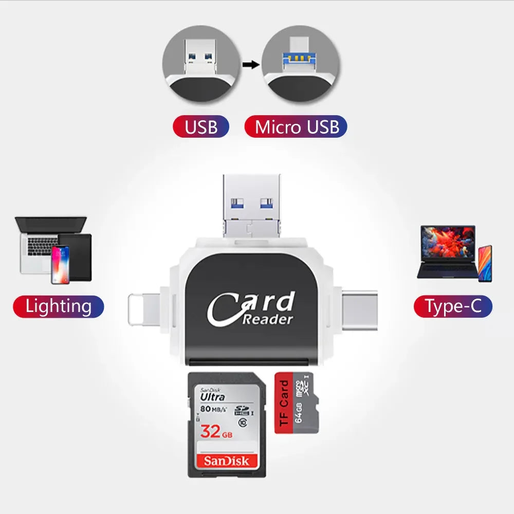Bayline™ | 4-In-1 Universele SD Tf-Kaartlezer Met Meerdere Poorten
