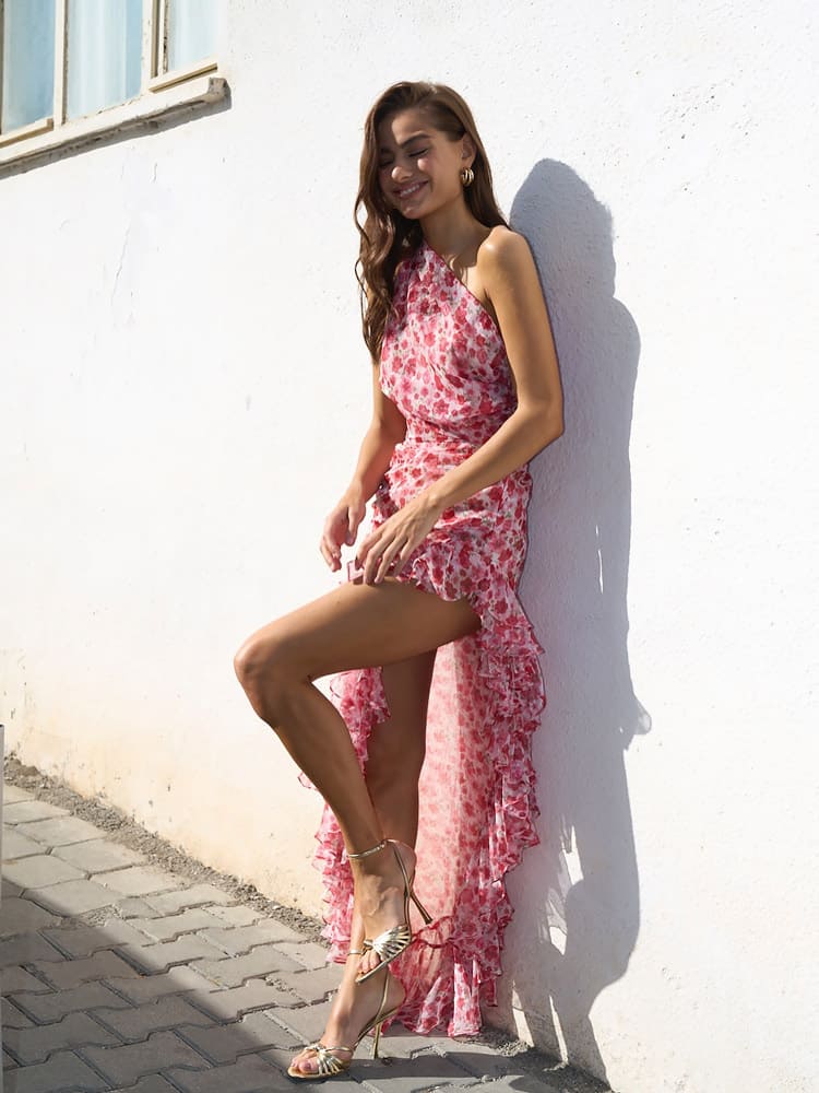 Bayline™ | Eén Schouder Ruches Bloemen Print Jurk