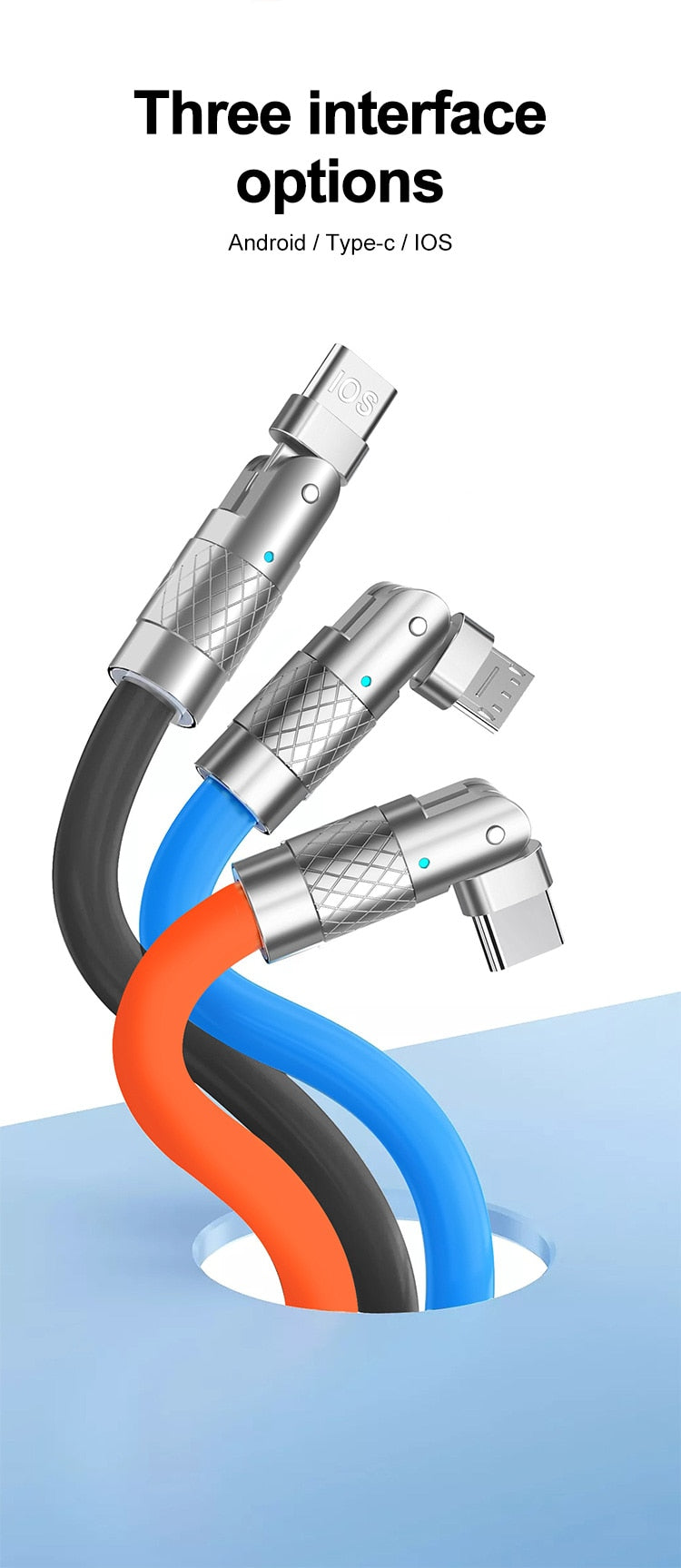 180° Rotaterende Snellaad kabel 120W usb Type-C/micro usb/iPhone 1.2m