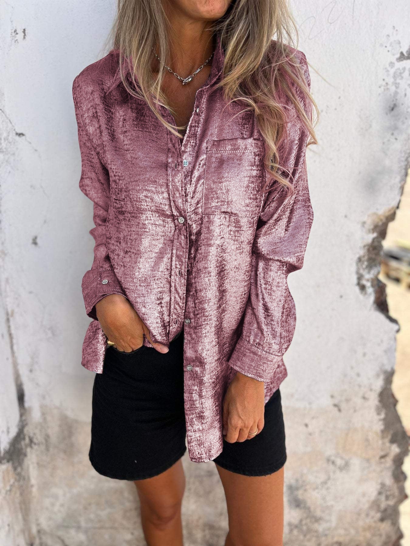 Bayline™ |  Metallic Knoopjesshirt Met Lange Mouwen