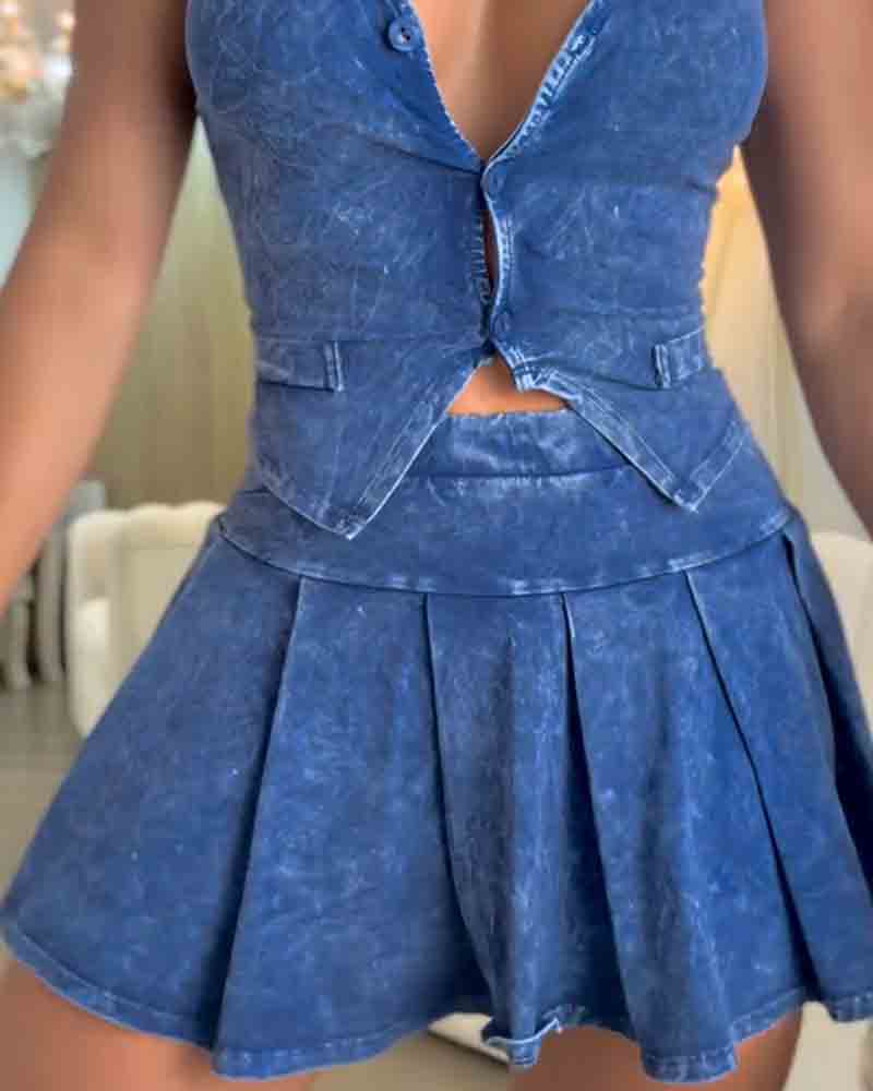 Bayline™ | Gewassen Faux Denim Minirok Set