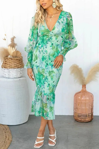 Bayline™ | Gebloemde Gesmokte Taille Midi-Jurk