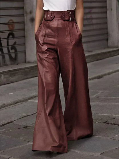 Bayline™ |  Broek Met Hoge Taille in Imitatie Pu en Wijde Pijpen