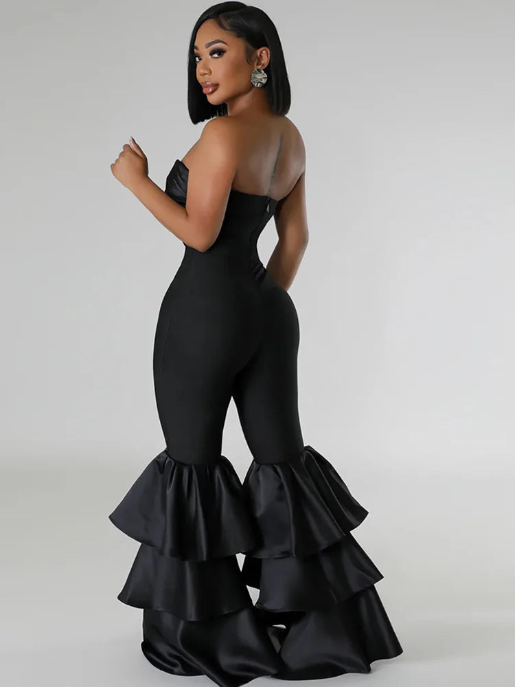 Bayline™ |  Strapless Spandex Jumpsuit Met Ruches Zwart