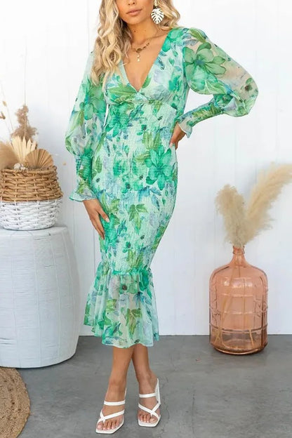 Bayline™ | Gebloemde Gesmokte Taille Midi-Jurk