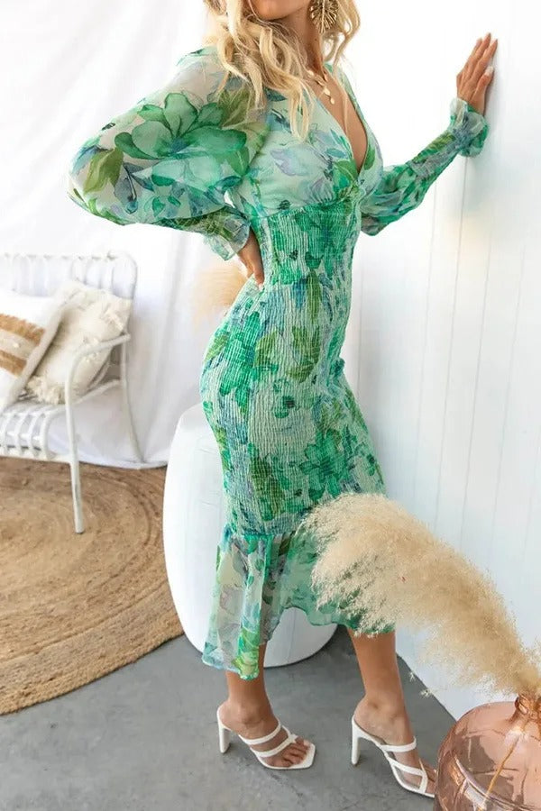 Bayline™ | Gebloemde Gesmokte Taille Midi-Jurk