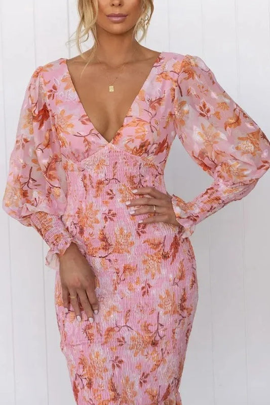Bayline™ | Gebloemde Gesmokte Taille Midi-Jurk