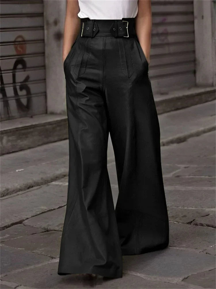 Bayline™ |  Broek Met Hoge Taille in Imitatie Pu en Wijde Pijpen