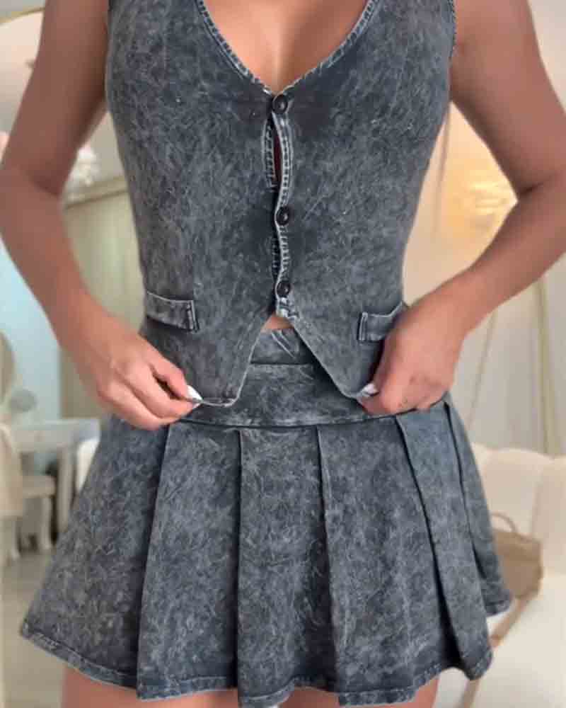 Bayline™ | Gewassen Faux Denim Minirok Set