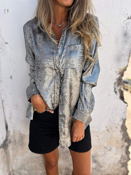 Bayline™ |  Metallic Knoopjesshirt Met Lange Mouwen
