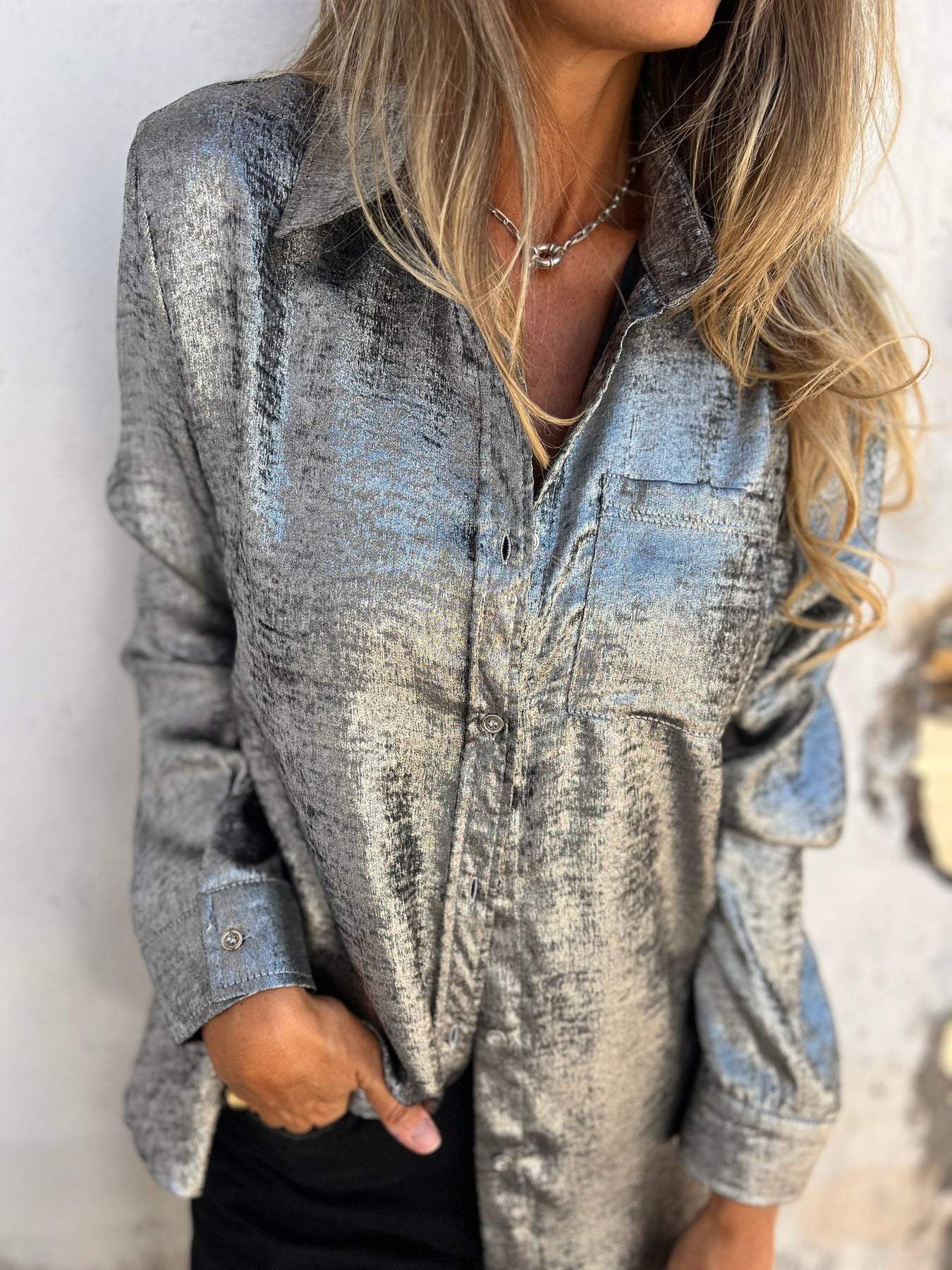 Bayline™ |  Metallic Knoopjesshirt Met Lange Mouwen
