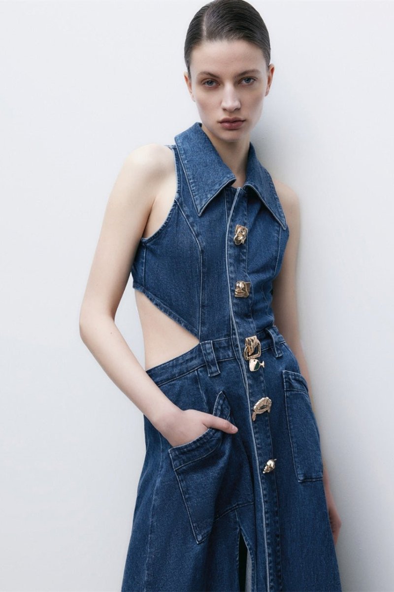 Bayline™ | Kapelkraag Uitgesneden Denim Maxi Jurk