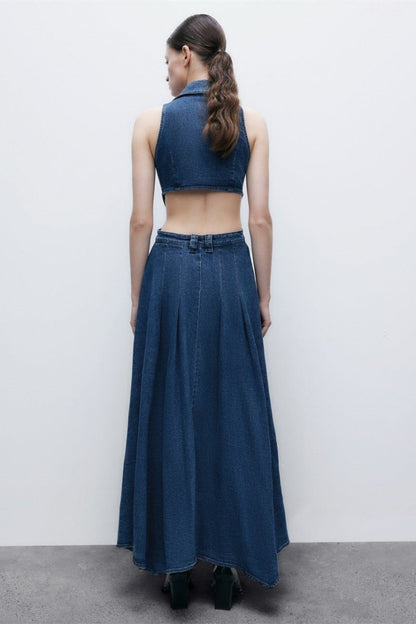 Bayline™ | Kapelkraag Uitgesneden Denim Maxi Jurk