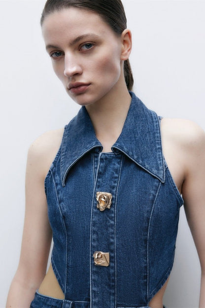 Bayline™ | Kapelkraag Uitgesneden Denim Maxi Jurk
