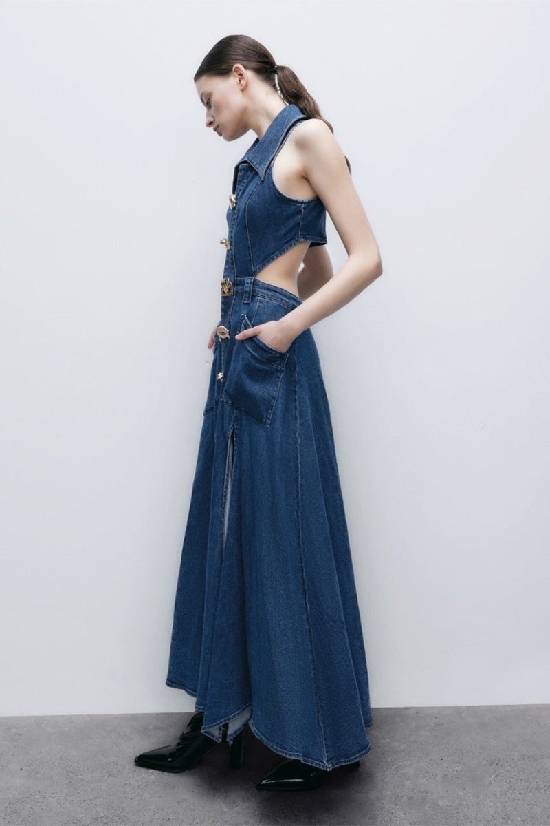 Bayline™ | Kapelkraag Uitgesneden Denim Maxi Jurk