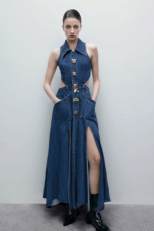 Bayline™ | Kapelkraag Uitgesneden Denim Maxi Jurk